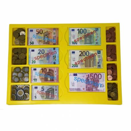 Billetes y monedas en caja con departamentos Wissner Monedas y Billetes