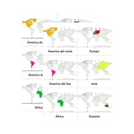 Recortable - Tarjetas de Continentes en 3 partes Made in Spain Tarjetas Montessori