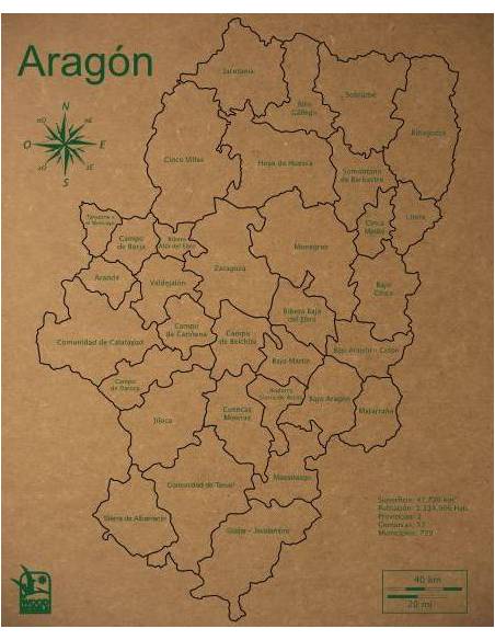 Mapa Puzzle de Aragón en Madera  Geografía