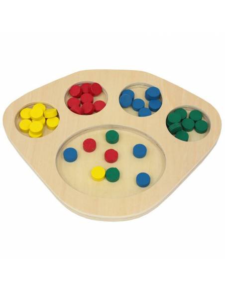 Bandeja de clasificacion en madera - fichas de colores